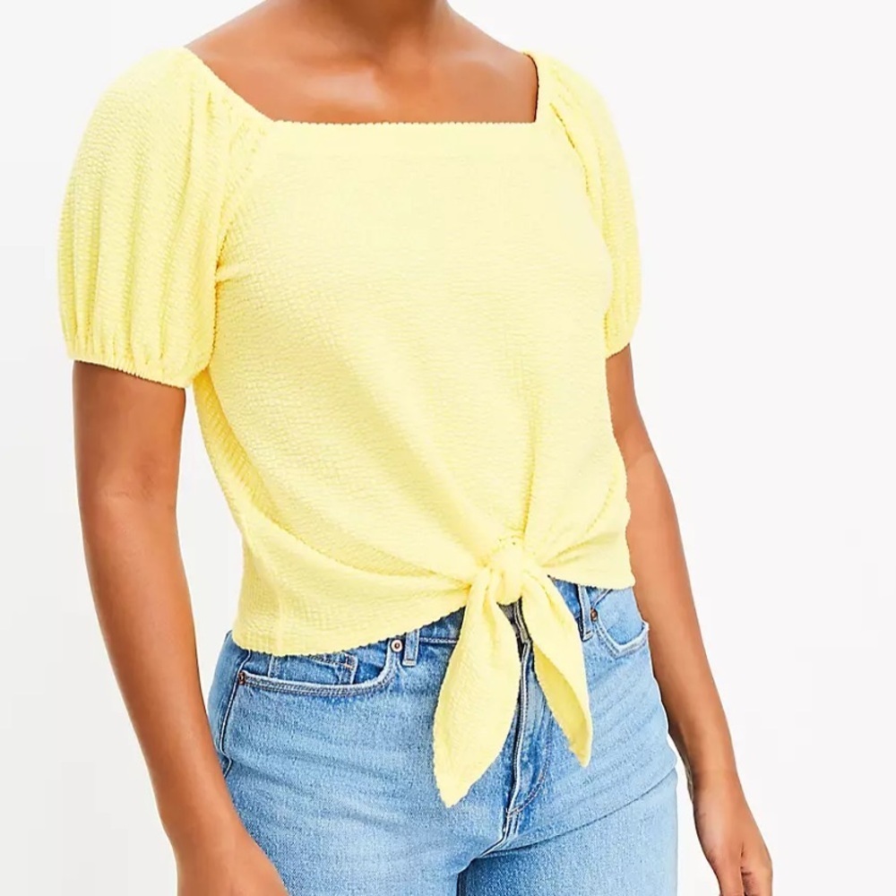 LOFT Women’s Seersucker Tie Front Top Yellow Large - Picture 4 of 9